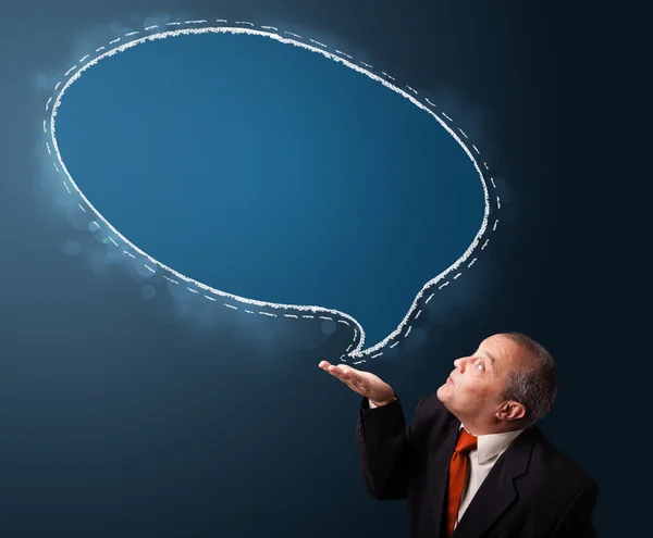 Crazy businessman presenting speech bubble copy space — Stock Photo, Image