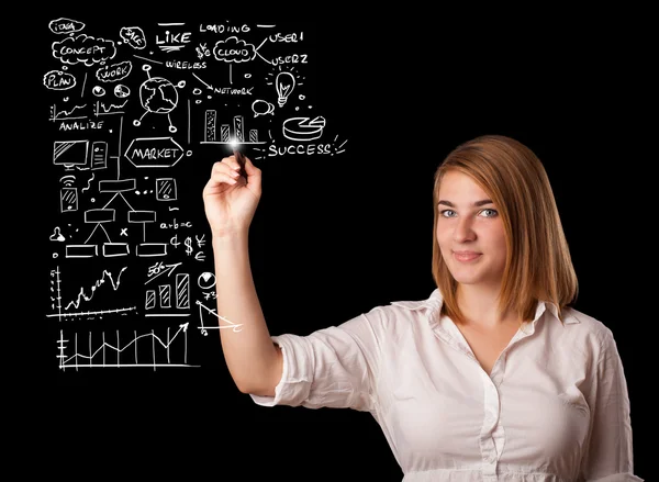 Femme dessin schéma d'entreprise et des icônes sur tableau blanc — Photo