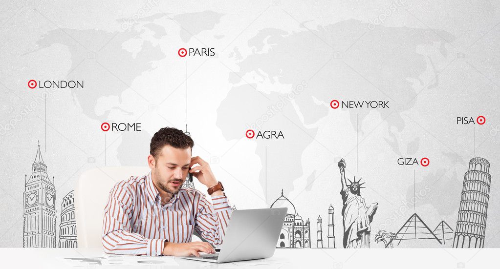 Businessman with world map and major landmarks of the world