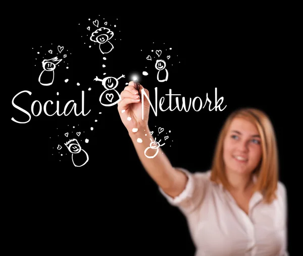 Vrouw draving sociaal netwerk thema op whiteboard — Stockfoto