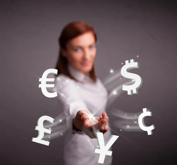 Young lady throwing currency icons — Stock Photo, Image