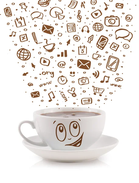 Coffee-mug with hand drawn media icons — Stock Photo, Image