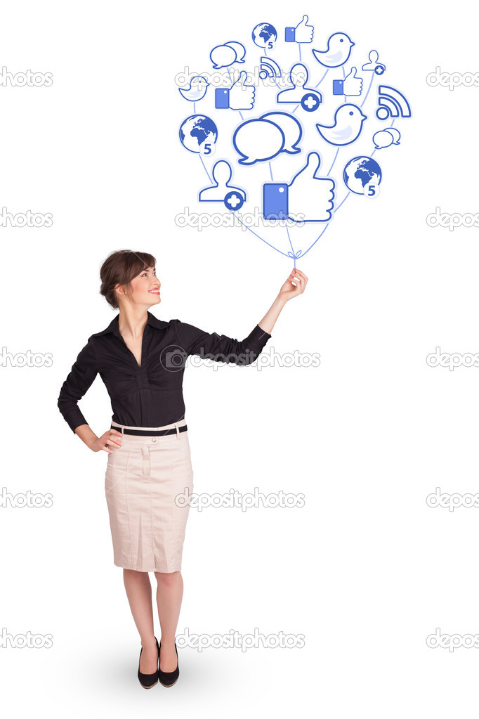 Happy lady holding social icon balloon