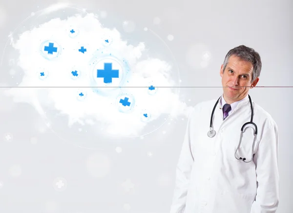 Doctor listening to abstract cloud with medical signs — Stock Photo, Image