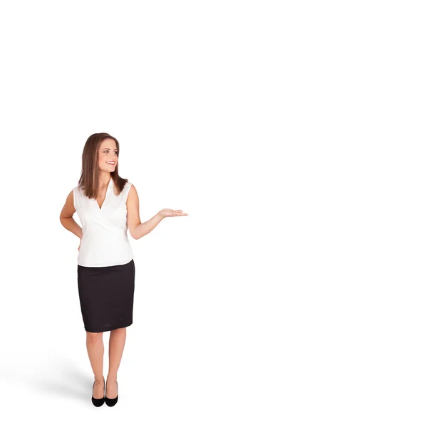 Young woman presenting white copy space — Stock Photo, Image