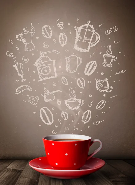 Taza café con accesorios de cocina dibujados a mano — Foto de Stock