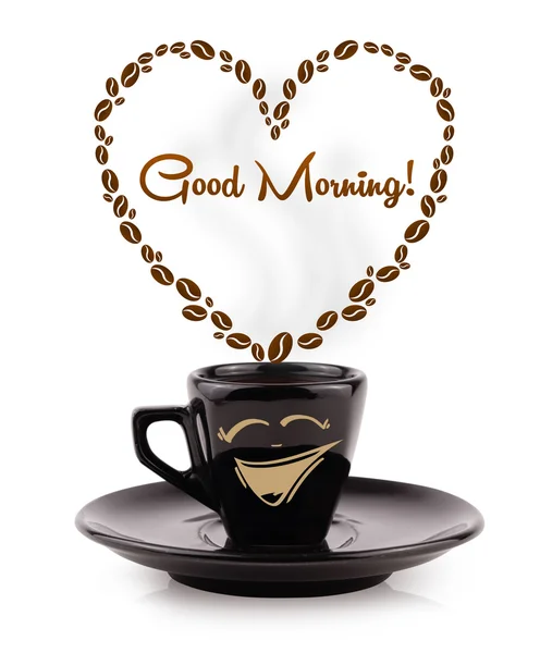 Taza de café con granos de café en forma de corazón con buen signo de la mañana — Foto de Stock