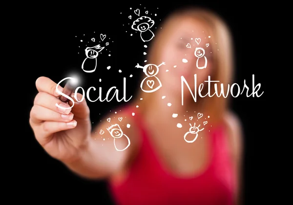 Woman draving social network theme on whiteboard Stock Image
