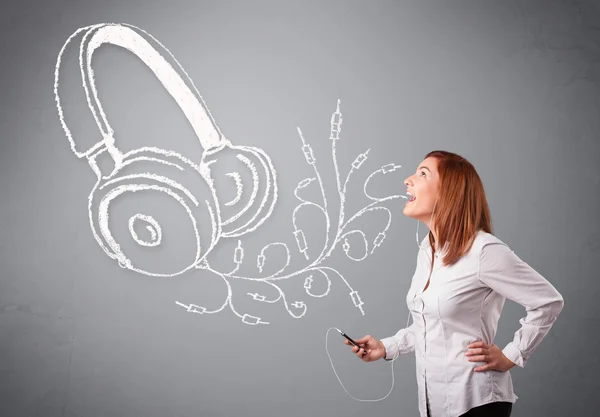 Young woman singing and listening to music with abstract headpho — Stock Photo, Image