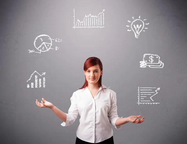 Beautiful young woman juggling with statistics and graphs — Stock Photo, Image