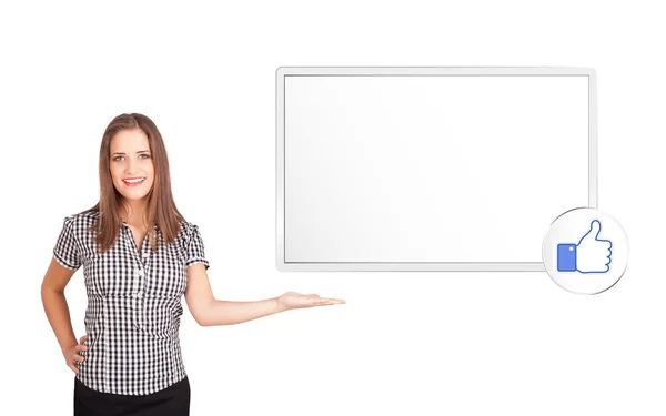 Young woman presenting modern copy space — Stock Photo, Image