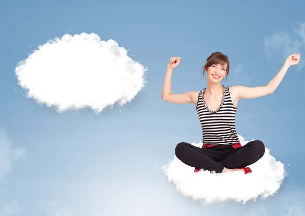 Young girl sitting on cloud and thinking of abstract speech bubb — Stock Photo, Image