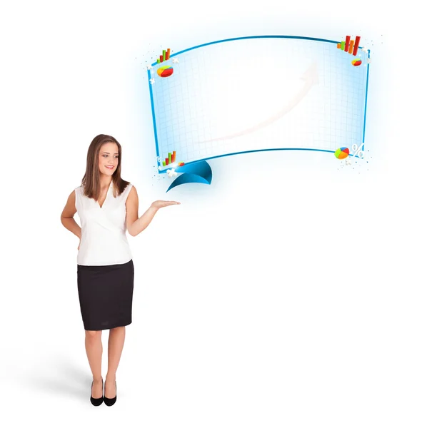 Young woman presenting abstract copy space with graphs and diagr — Stock Photo, Image
