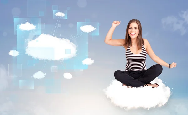 Happy girl looking at modern cloud network — Stock Photo, Image