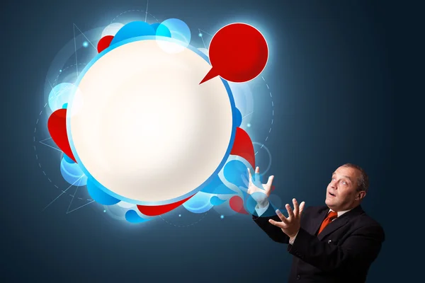 Funny businessman presenting abstract modern speech bubble copy — Stock Photo, Image