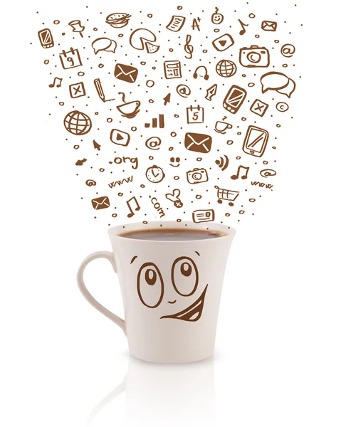 Coffee-mug with hand drawn media icons — Stock Photo, Image