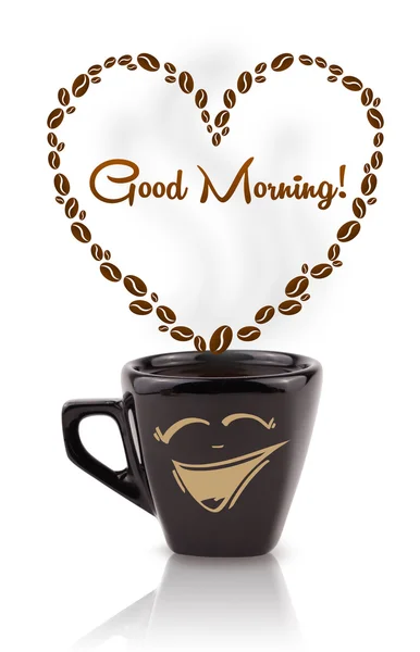 Coffee mug with coffee beans shaped heart with good morning sign — Stock Photo, Image