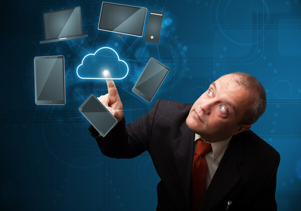 Businessman touching high technology cloud service