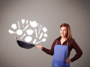 Mutfak aksesuar ikonlarıyla genç bir kadın.