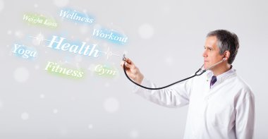 Clinical doctor pointing to health and fitness collection of wor clipart
