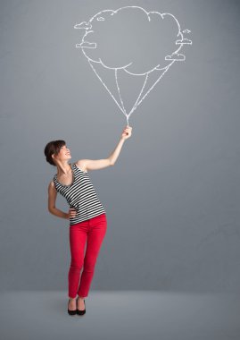Güzel bayan elinde bir balon çizimi tutuyor.