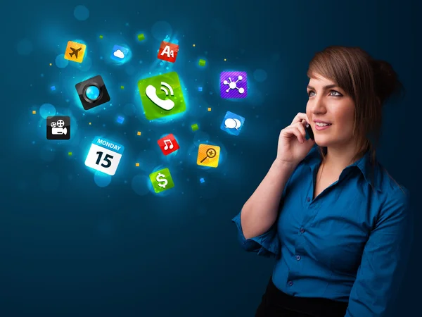 Young woman calling by phone with various icons — Stock Photo, Image