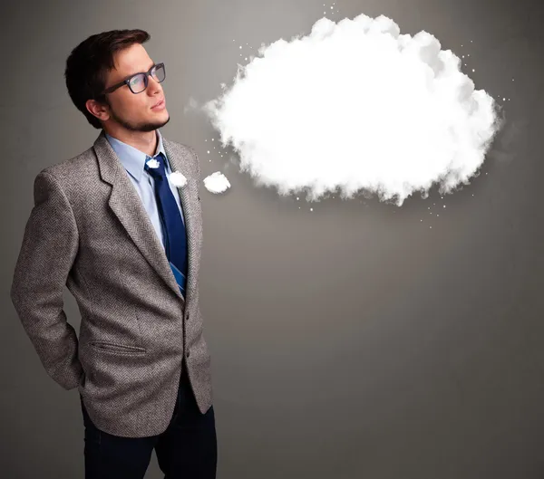 Young man thinking about cloud speech or thought bubble with cop — Stock Photo, Image