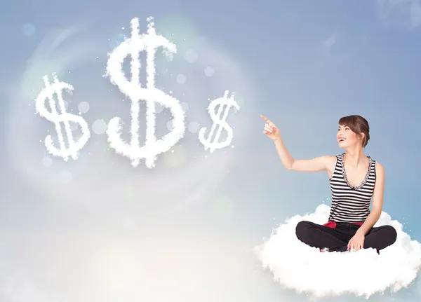 Mujer joven sentada en la nube junto a signos de dólar nuboso — Foto de Stock