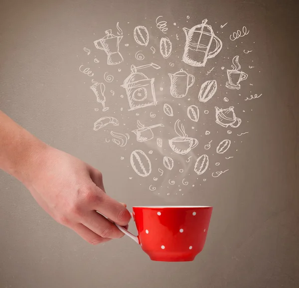 Taza café con accesorios de cocina dibujados a mano — Foto de Stock