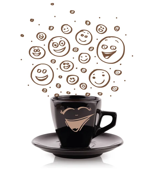 Coffee-cup with brown hand drawn happy smiley faces — Stock Photo, Image