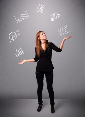 beautiful young woman juggling with statistics and graphs clipart