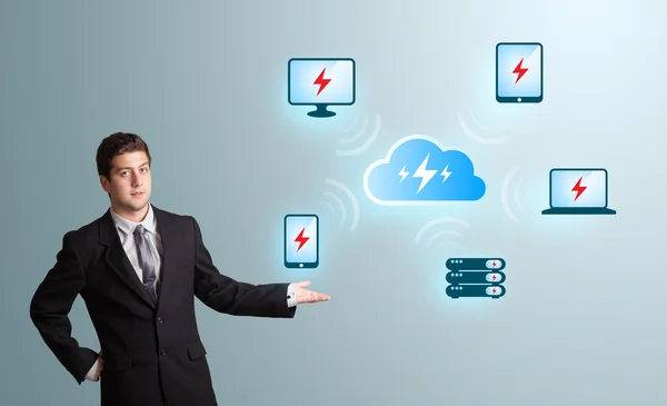 Young man presenting cloud computing network — Stock Photo, Image