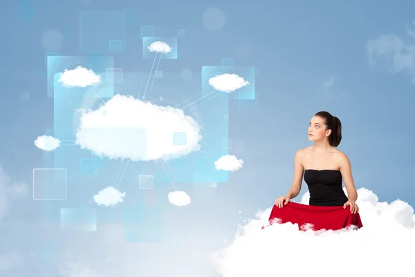 Glückliches Mädchen schaut auf modernes Cloud-Netzwerk — Stockfoto