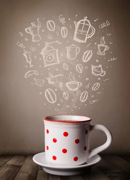 Coffee mug with hand drawn kitchen accessories — Stock Photo, Image