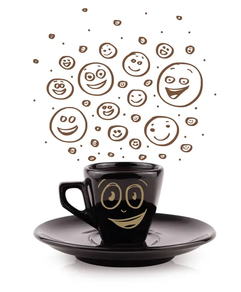 Caffè-tazza con marrone mano disegnato felici faccine sorridenti — Foto Stock