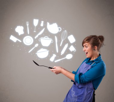 Mutfak aksesuar ikonlarıyla genç bir kadın.