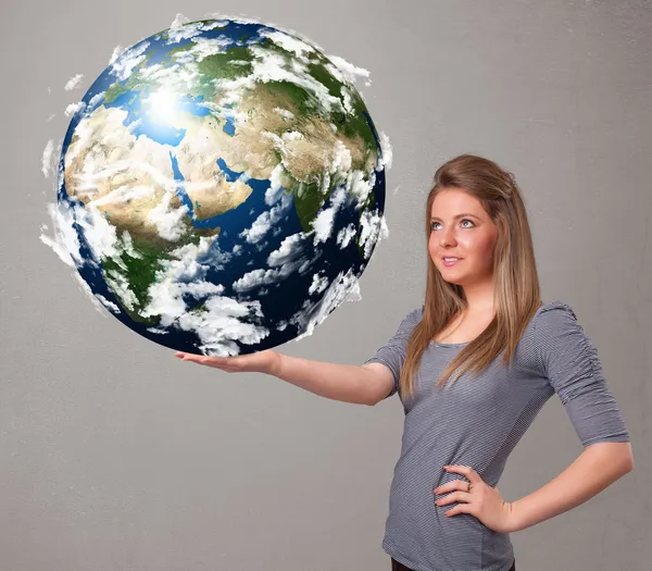 Hezká dívka drží 3d planeta Země — Stock fotografie