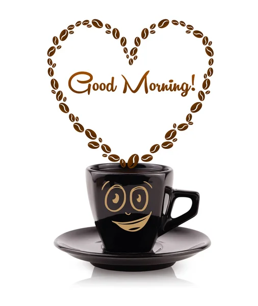 Coffee mug with coffee beans shaped heart with good morning sign — Stock Photo, Image