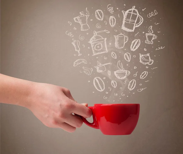 Tazza da caffè con accessori da cucina disegnati a mano — Foto Stock