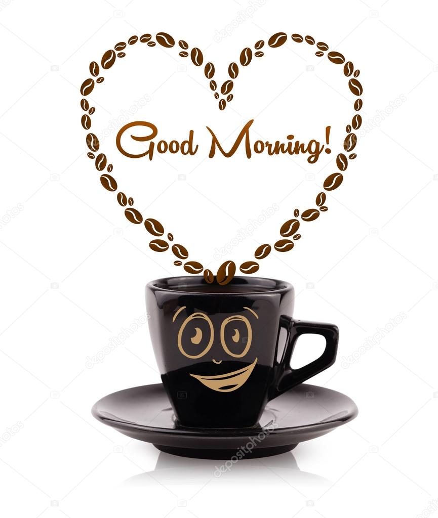 Coffee mug with coffee beans shaped heart with good morning sign