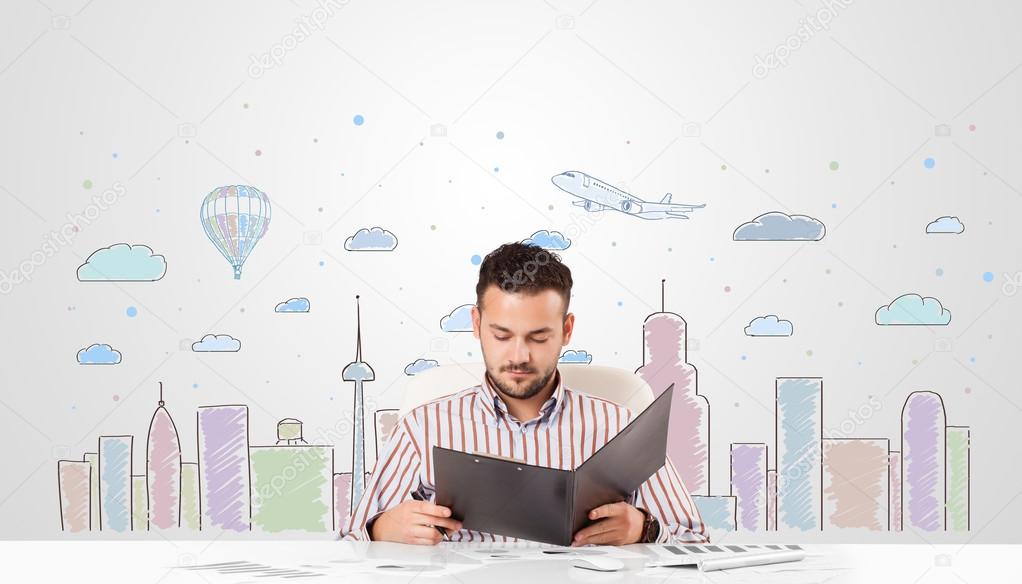 Attractive businessman with city sky-scape background