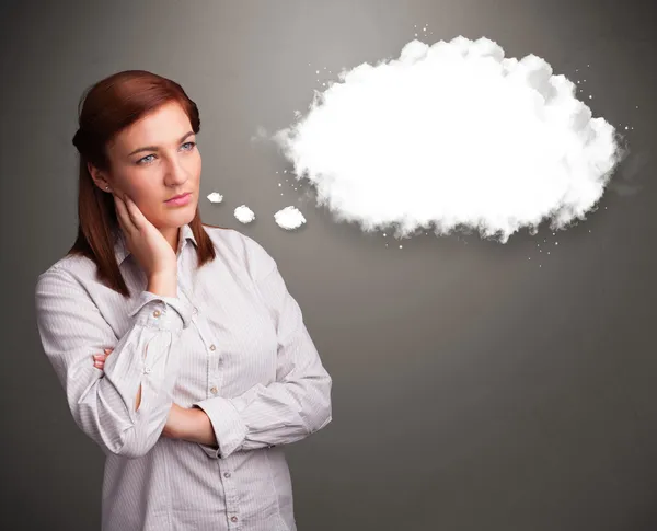 Pretty lady thinking about cloud speech or thought bubble with c — Stock Photo, Image
