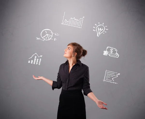 Beautiful young woman juggling with statistics and graphs — Stock Photo, Image