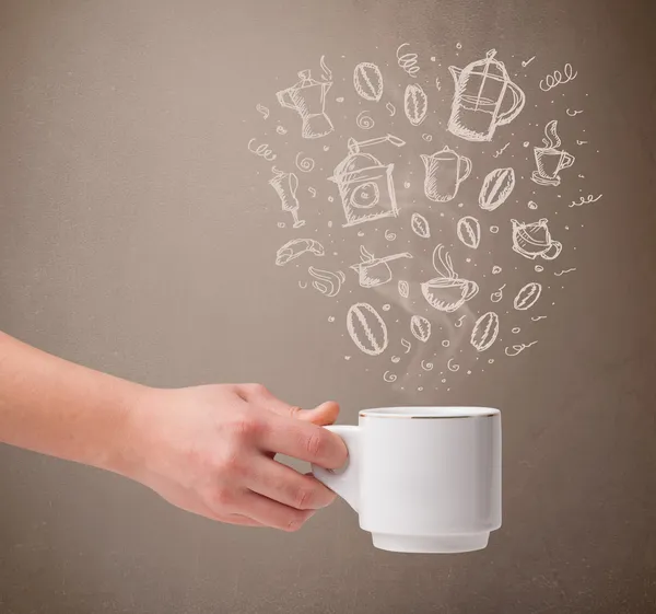 손으로 그린 부엌 액세서리가 있는 커피 잔 — 스톡 사진