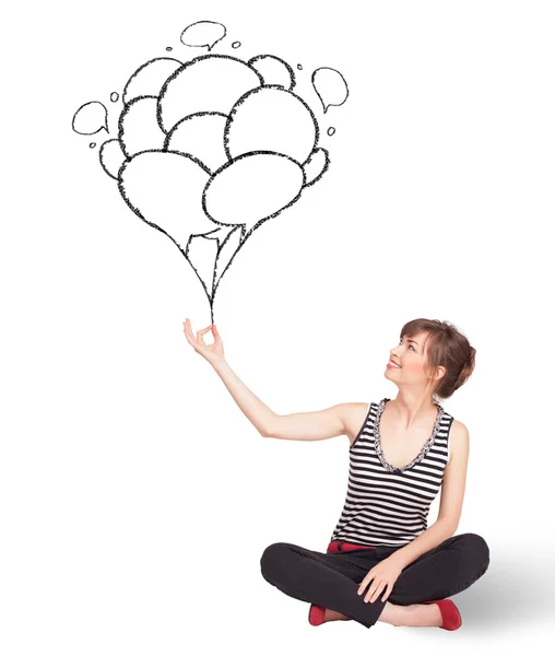Ευτυχισμένη γυναίκα κρατώντας μπαλόνια σχέδιο — Φωτογραφία Αρχείου