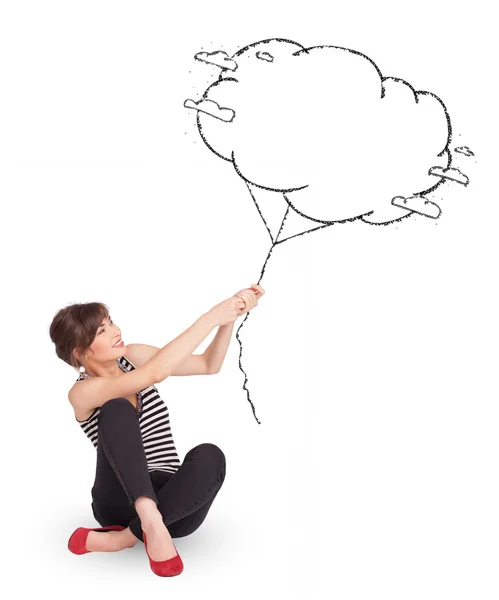 Young lady holding cloud balloon drawing — Stock Photo, Image