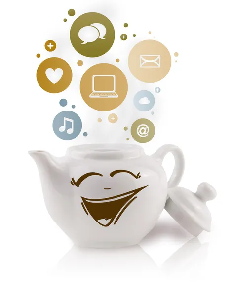 Panela de café com ícones sociais e de mídia em bolhas coloridas — Fotografia de Stock