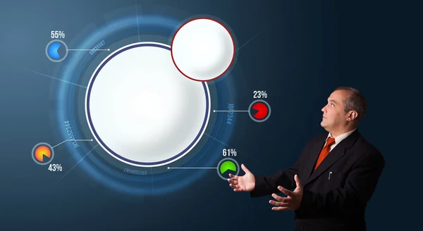 Businessman presenting abstract modern pie chart with copy space — Stock Photo, Image