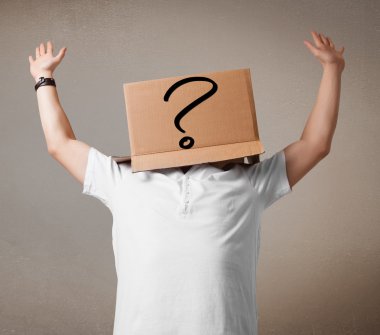 Young man gesturing with a cardboard box on his head with questi clipart
