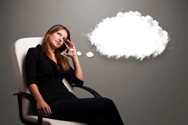 Pretty lady thinking about cloud speech or thought bubble with c — Stock Photo, Image